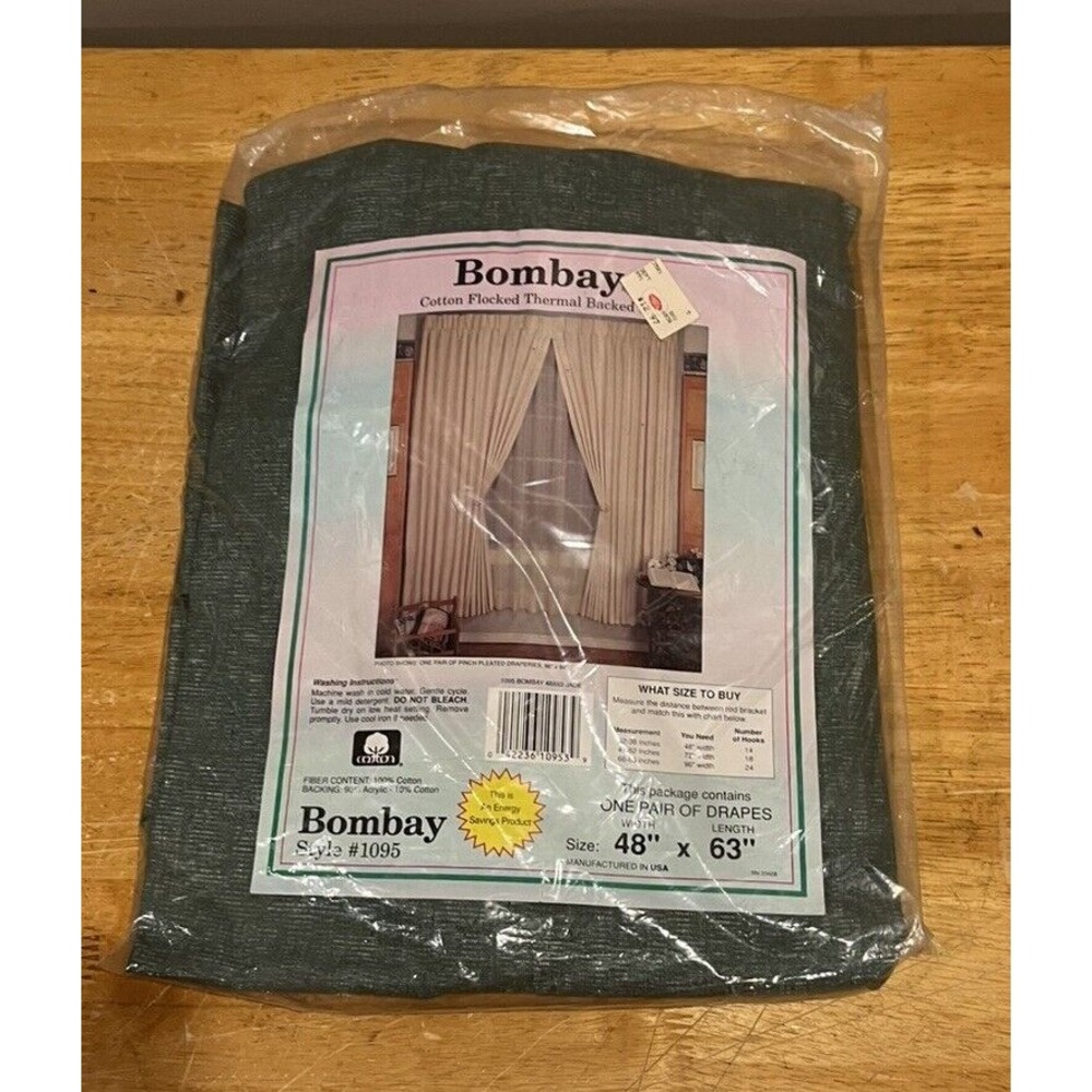 Vintage Bombay Pair Of Drapes Cotton Jade‎ Green Flocked Thermal Backed 48x63"